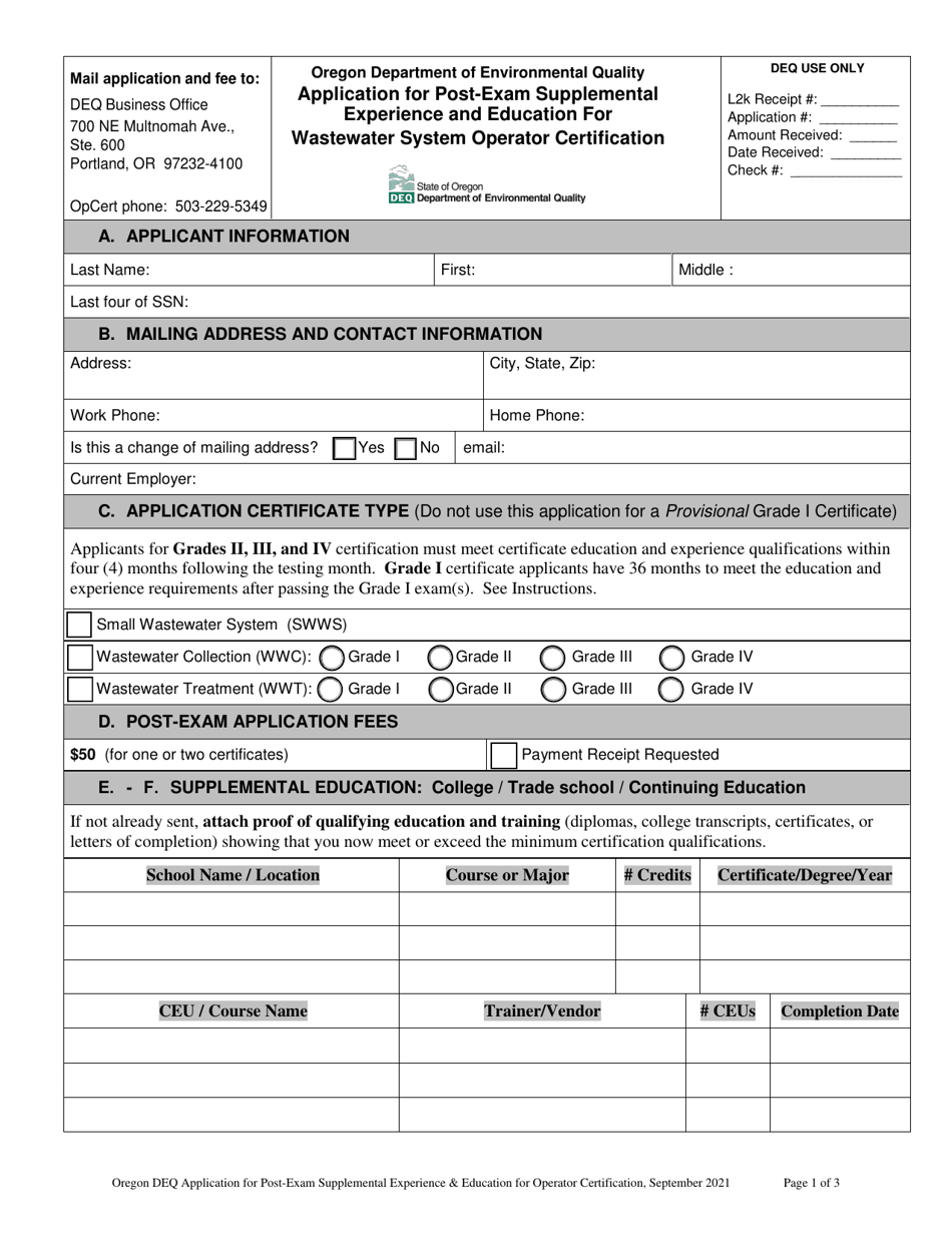 Oregon Application for Postexam Supplemental Experience and Education