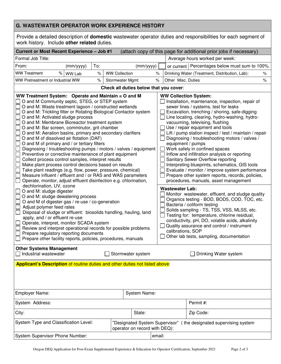 Oregon Application for Postexam Supplemental Experience and Education