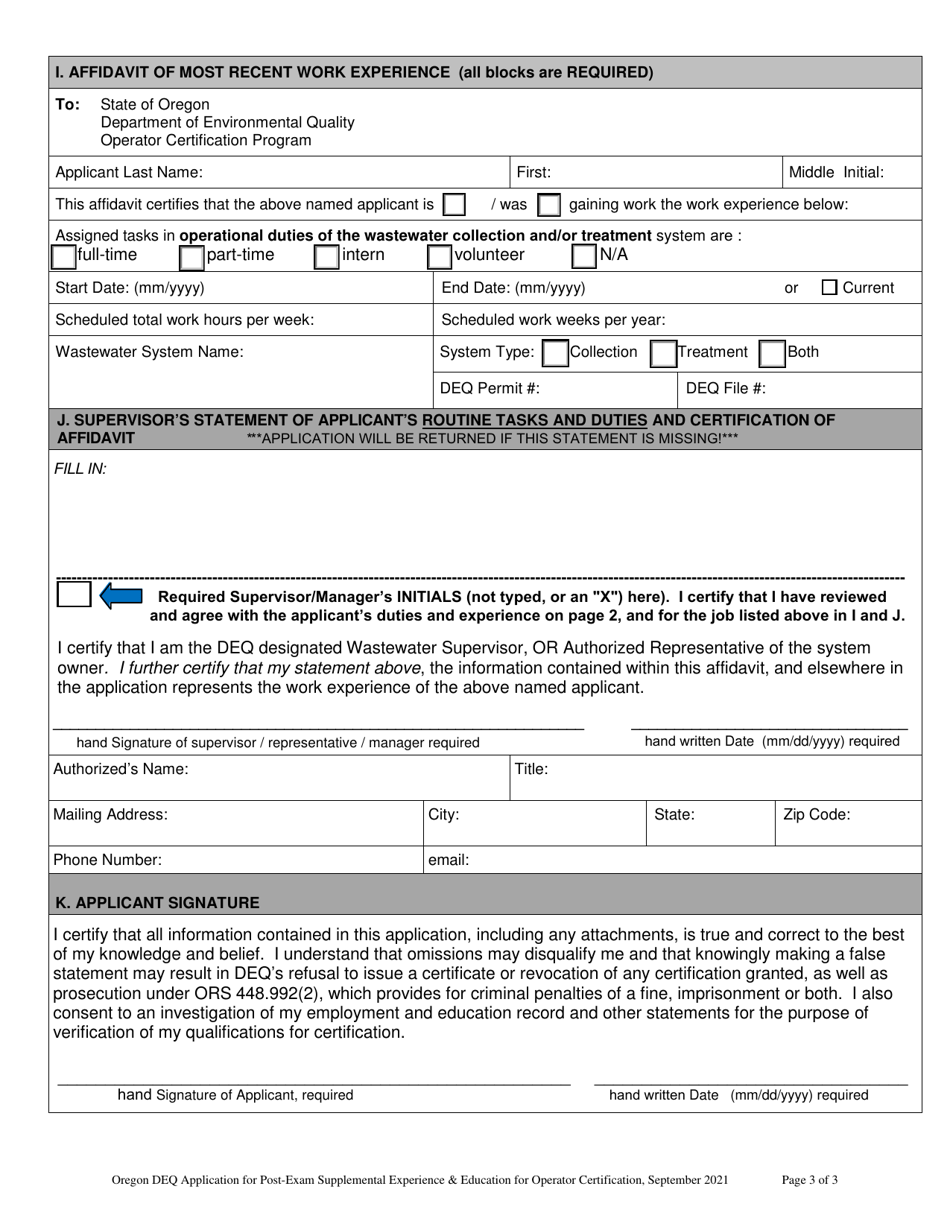 Application for Post-exam Supplemental Experience and Education for Wastewater System Operator Certification - Oregon, Page 6