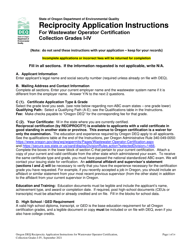 Document preview: Application for the Wastewater Operator Collection Certificate by Reciprocity - Grades I-Iv - Oregon