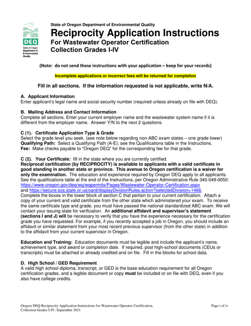 "Application for the Wastewater Operator Collection Certificate by Reciprocity - Grades I-Iv" - Oregon Download Pdf