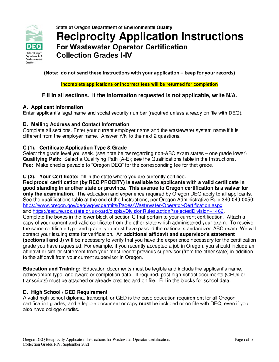 Application for the Wastewater Operator Collection Certificate by Reciprocity - Grades I-Iv - Oregon, Page 1