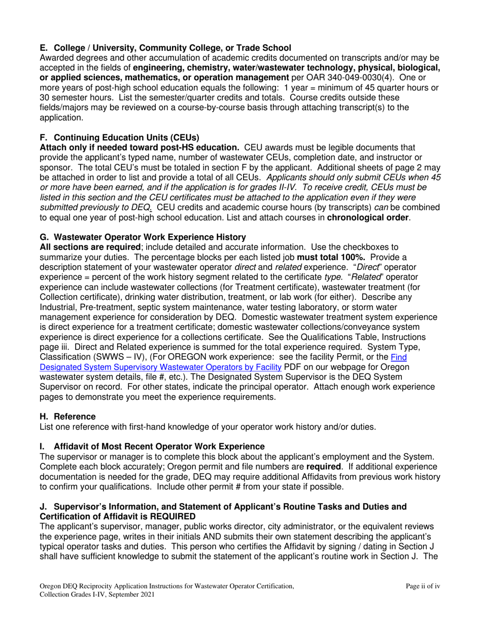 Application for the Wastewater Operator Collection Certificate by Reciprocity - Grades I-Iv - Oregon, Page 2