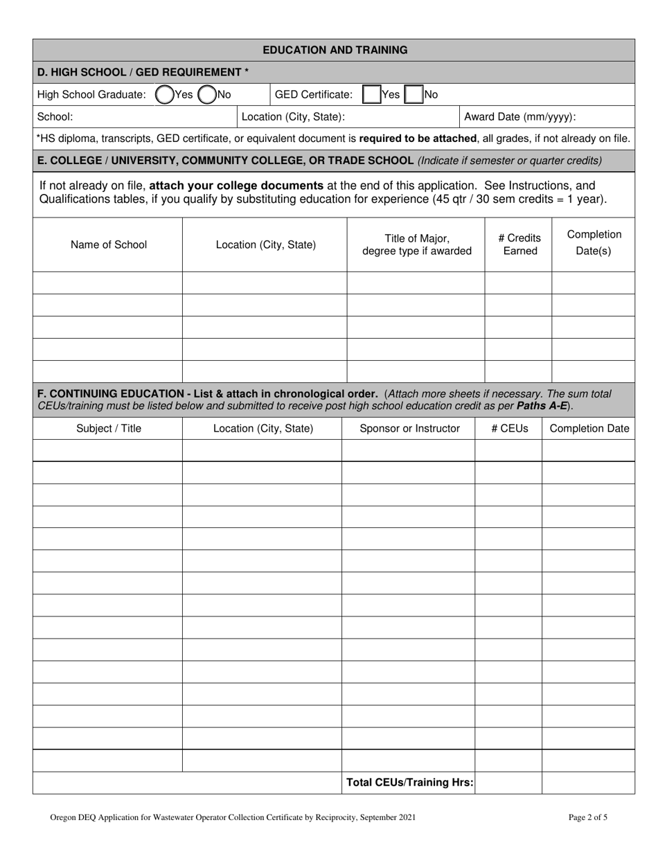 Oregon Application for the Wastewater Operator Collection Certificate