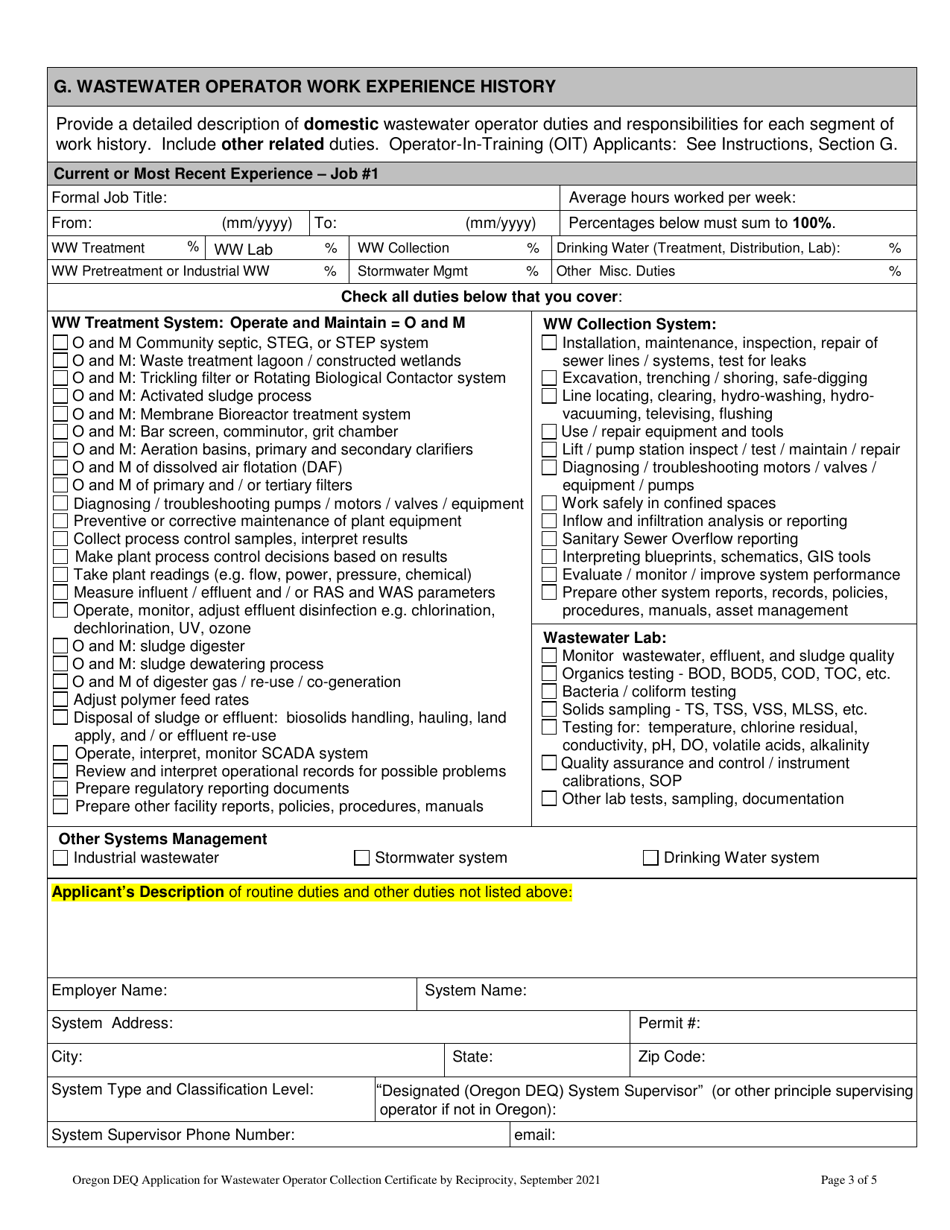 Application for the Wastewater Operator Collection Certificate by Reciprocity - Grades I-Iv - Oregon, Page 7