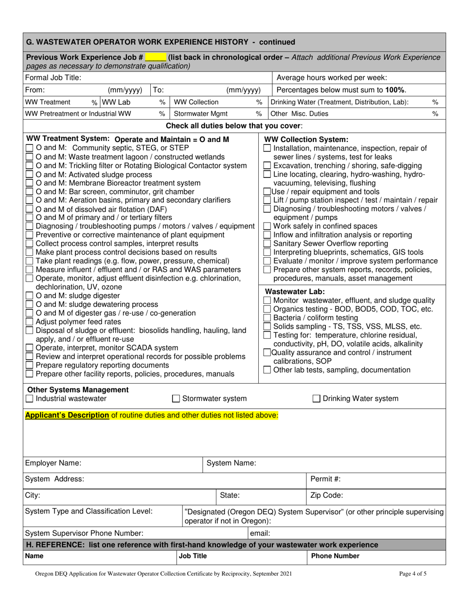 Application for the Wastewater Operator Collection Certificate by Reciprocity - Grades I-Iv - Oregon, Page 8