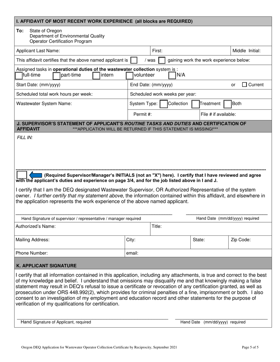 Application for the Wastewater Operator Collection Certificate by Reciprocity - Grades I-Iv - Oregon, Page 9