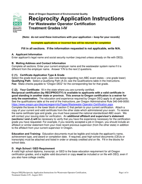 &quot;Application for the Wastewater Operator Treatment Certificate by Reciprocity - Grades I-Iv&quot; - Oregon Download Pdf