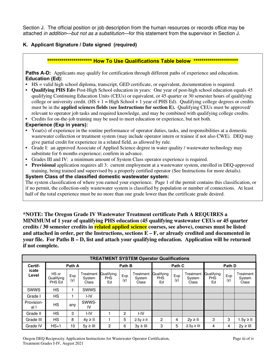 Application for the Wastewater Operator Treatment Certificate by Reciprocity - Grades I-Iv - Oregon, Page 3