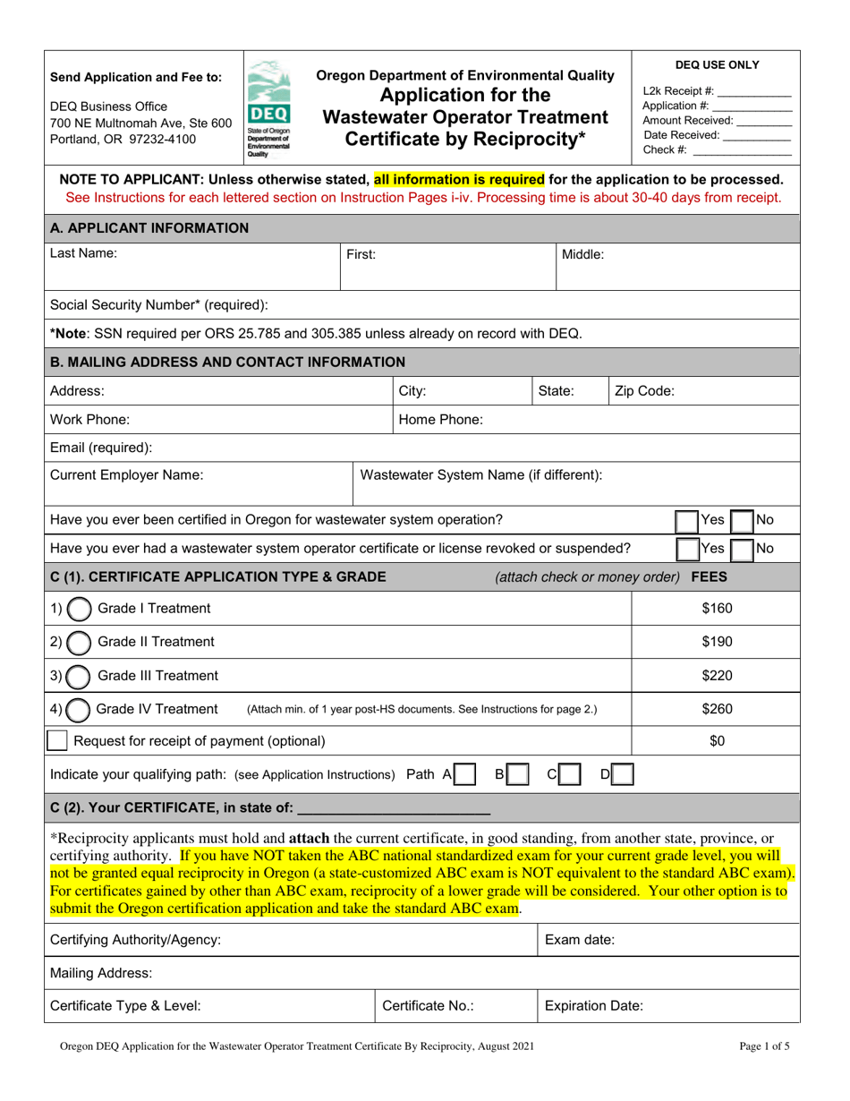 Application for the Wastewater Operator Treatment Certificate by Reciprocity - Grades I-Iv - Oregon, Page 5