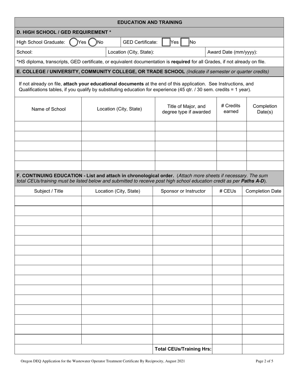 Application for the Wastewater Operator Treatment Certificate by Reciprocity - Grades I-Iv - Oregon, Page 6