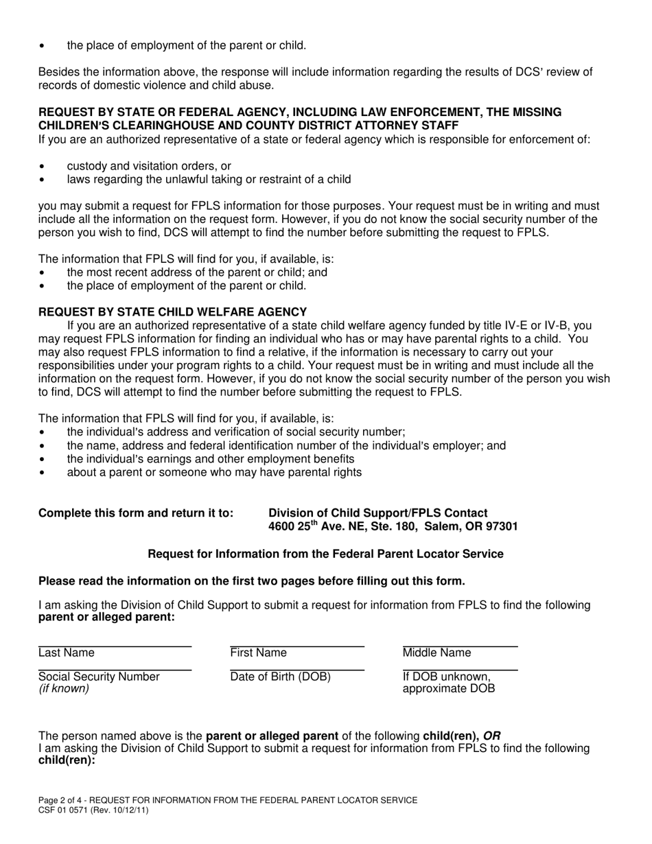 Form CSF01 0571 Request for Information From the Federal Parent Locator Service - Oregon, Page 2