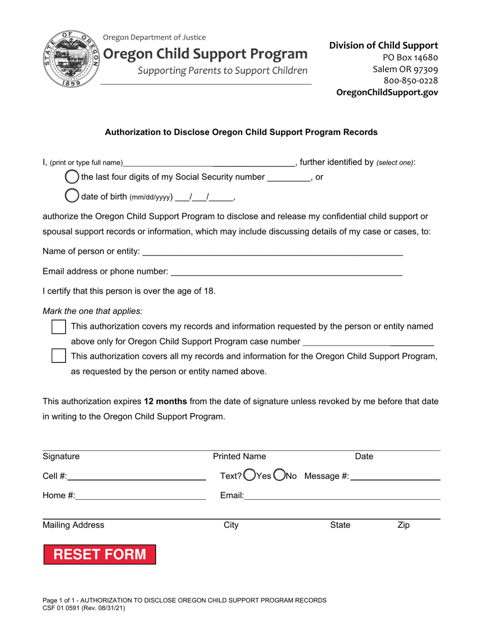 Form CSF01 0591 Authorization to Disclose Oregon Child Support Program Records - Oregon, Page 1