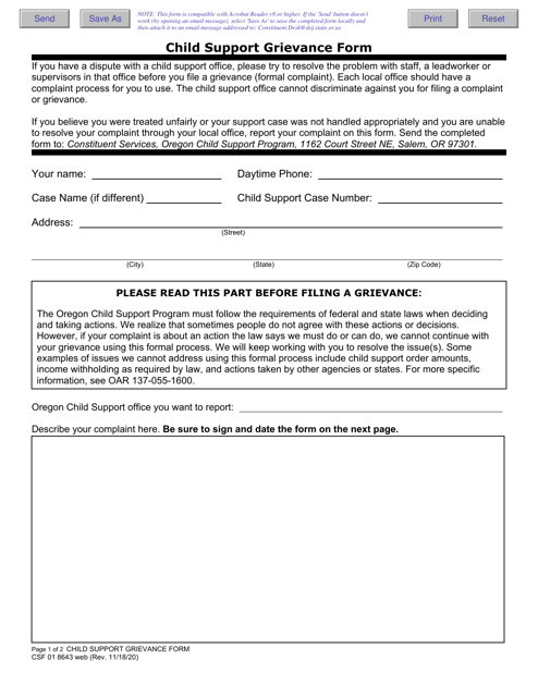 Form CSF01 8643 Child Support Grievance Form - Oregon