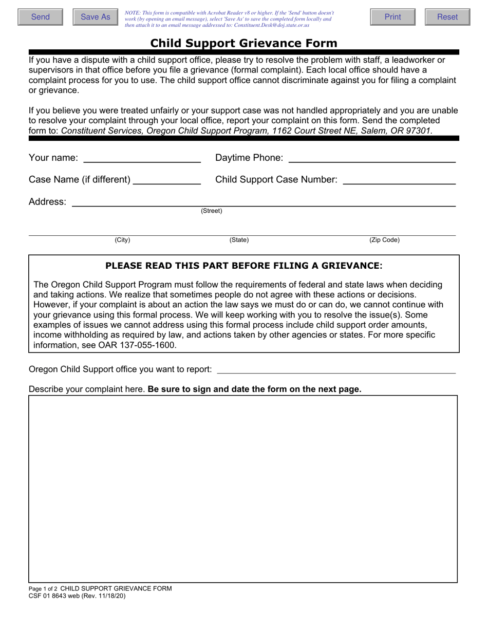 Form CSF01 8643 Child Support Grievance Form - Oregon, Page 1