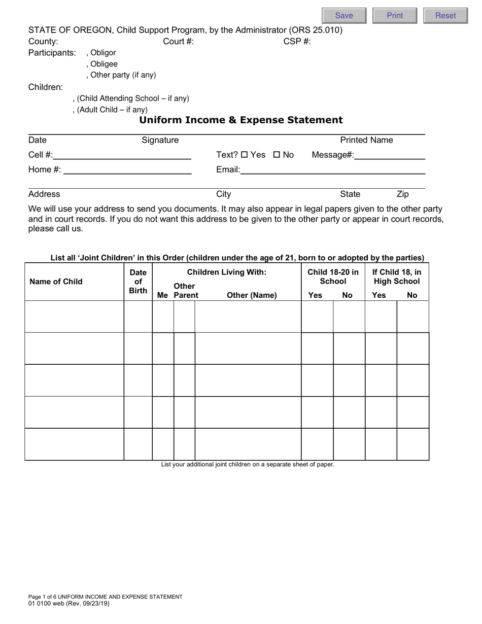 Form 01 0100 Uniform Income  Expense Statement - Oregon, Page 1