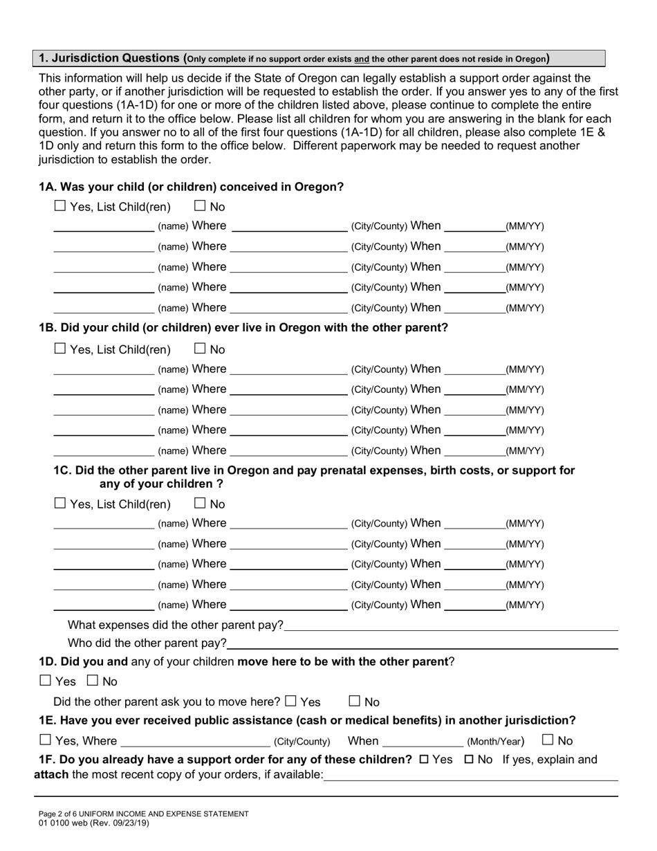 Form 01 0100 Uniform Income  Expense Statement - Oregon, Page 2