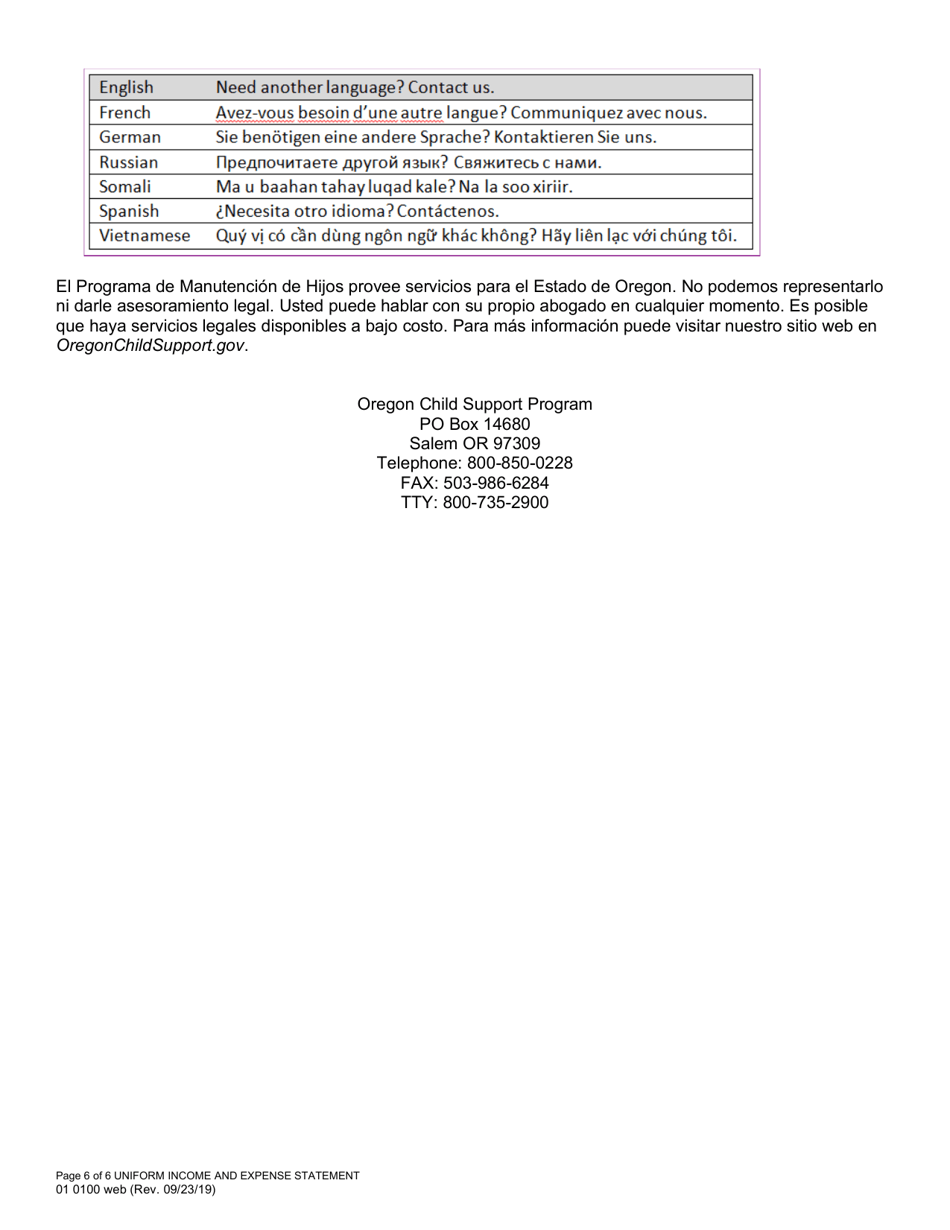 Formulario 01 0100 Declaracion Uniforme De Ingresos Y Gastos - Oregon (Spanish), Page 6