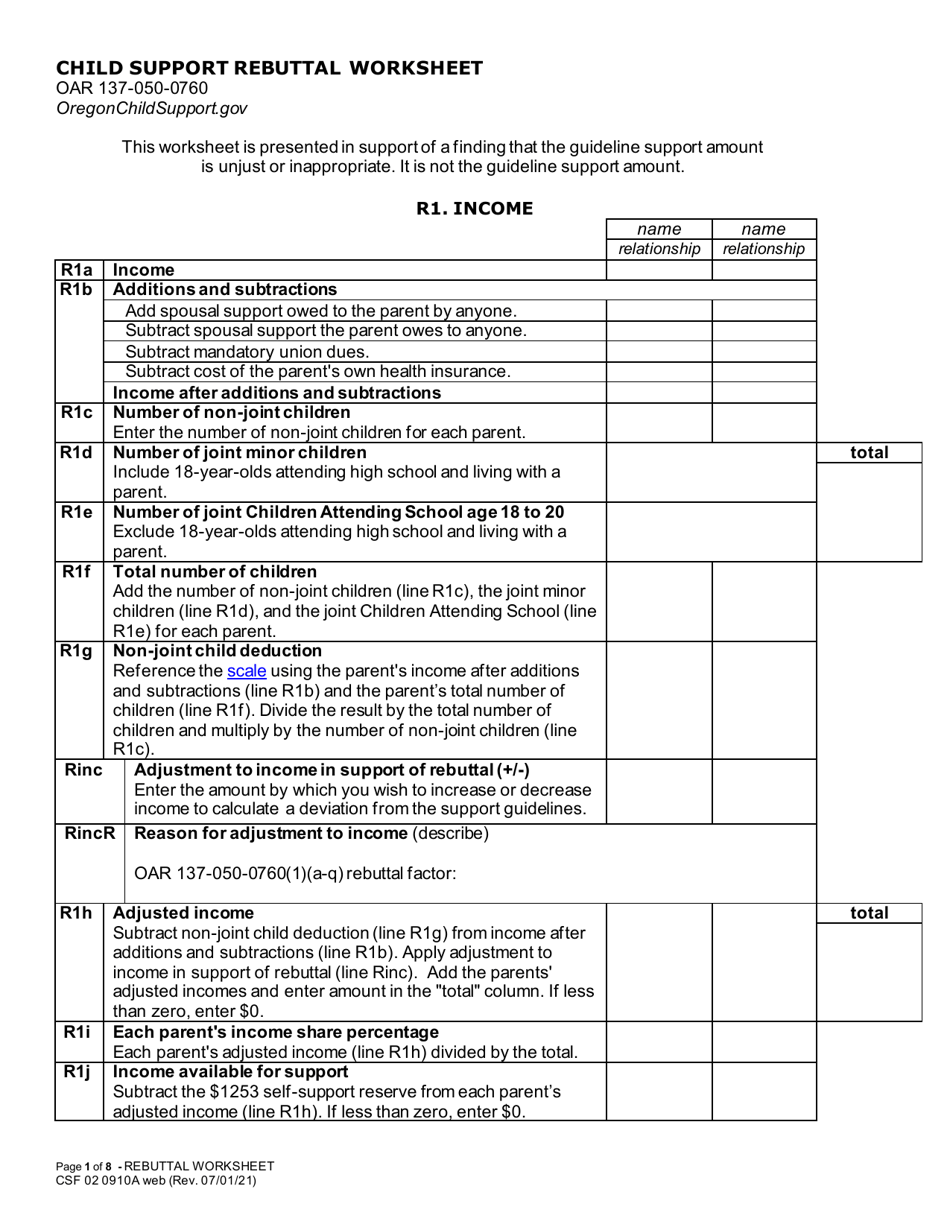 Form CSF02 0910A Child Support Rebuttal Worksheet - Oregon, Page 1