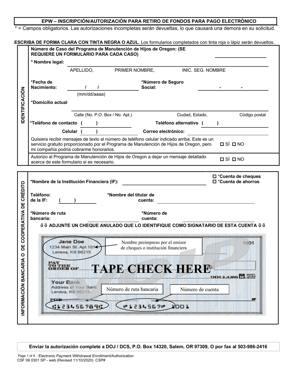 Formulario CSF08 0301 Epw - Inscripcion / Autorizacion Para Retiro De Fondos Para Pago Electronico - Oregon (Spanish), Page 1
