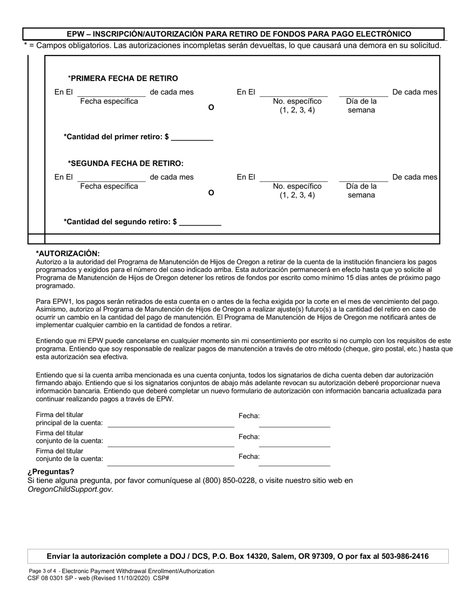 Formulario CSF08 0301 Epw - Inscripcion / Autorizacion Para Retiro De Fondos Para Pago Electronico - Oregon (Spanish), Page 3