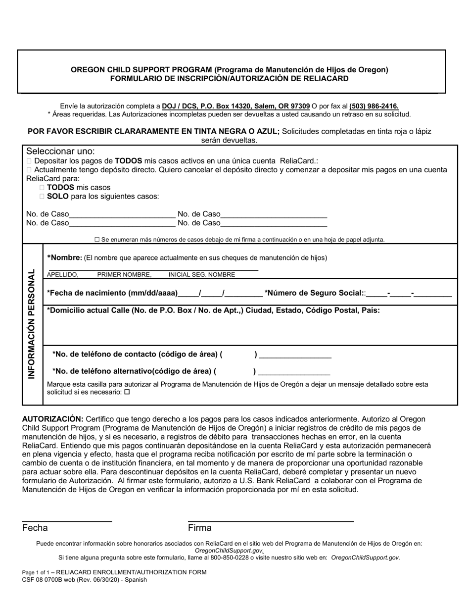 Formulario CSF08 0700B Formulario De Inscripcion / Autorizacion De Reliacard - Oregon (Spanish), Page 1