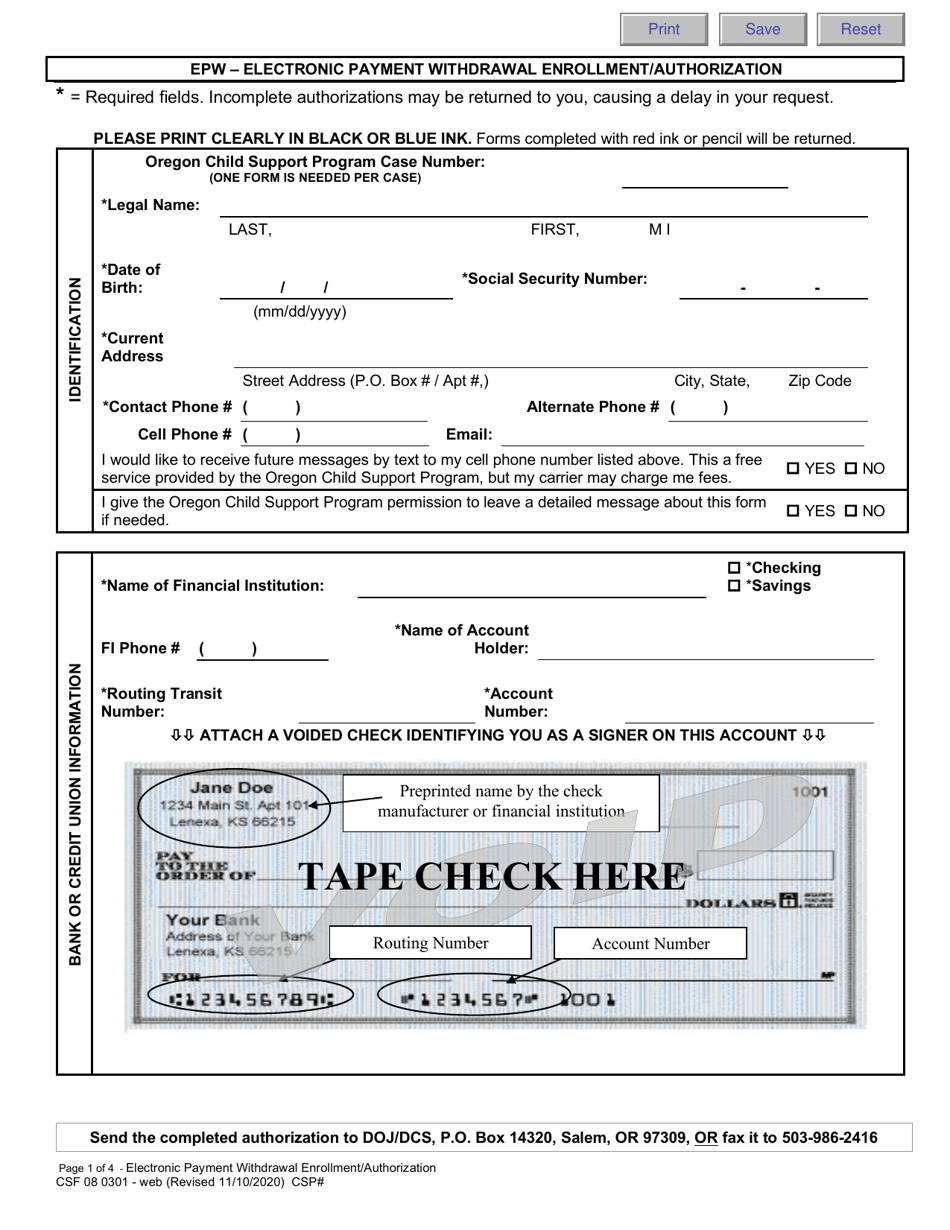 Form CSF08 0301 Epw - Electronic Payment Withdrawal Enrollment / Authorization - Oregon, Page 1