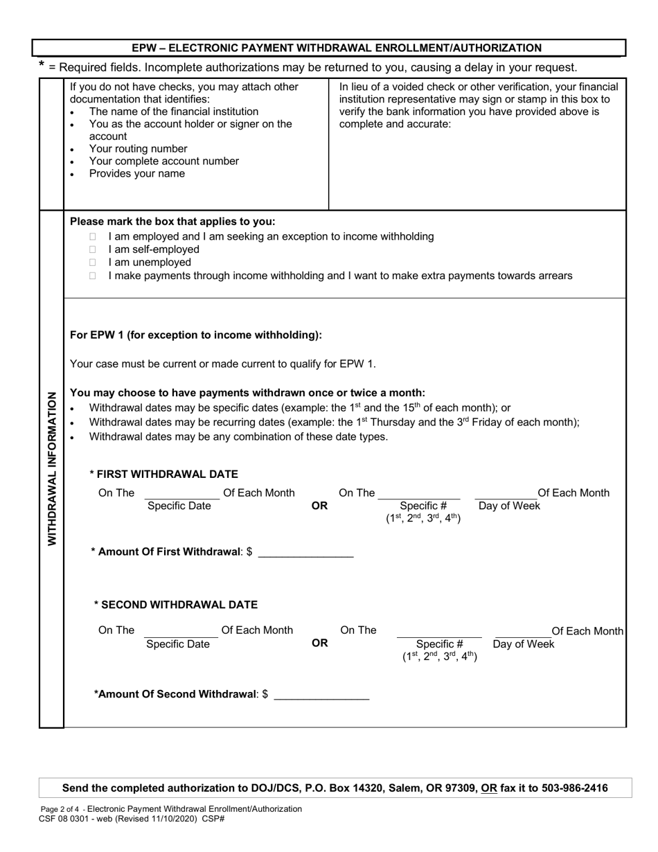 Form CSF08 0301 Epw - Electronic Payment Withdrawal Enrollment / Authorization - Oregon, Page 2
