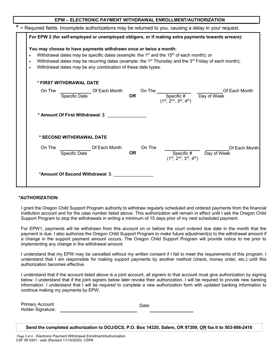 Form CSF08 0301 Epw - Electronic Payment Withdrawal Enrollment / Authorization - Oregon, Page 3