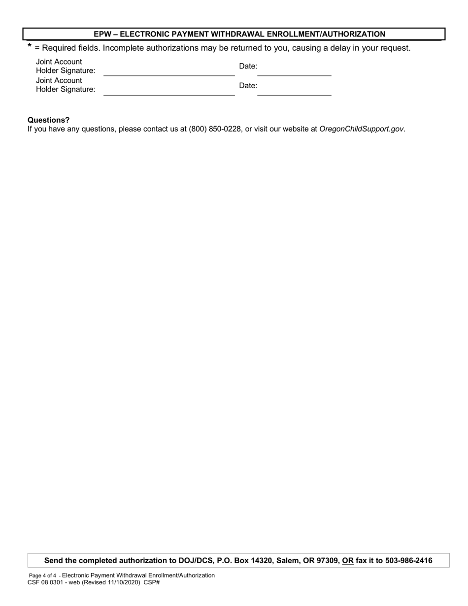 Form CSF08 0301 Epw - Electronic Payment Withdrawal Enrollment / Authorization - Oregon, Page 4