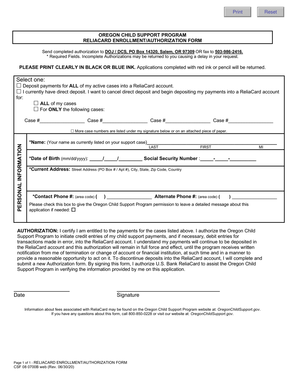 Form CSF08 0700B Reliacard Enrollment / Authorization Form - Oregon, Page 1
