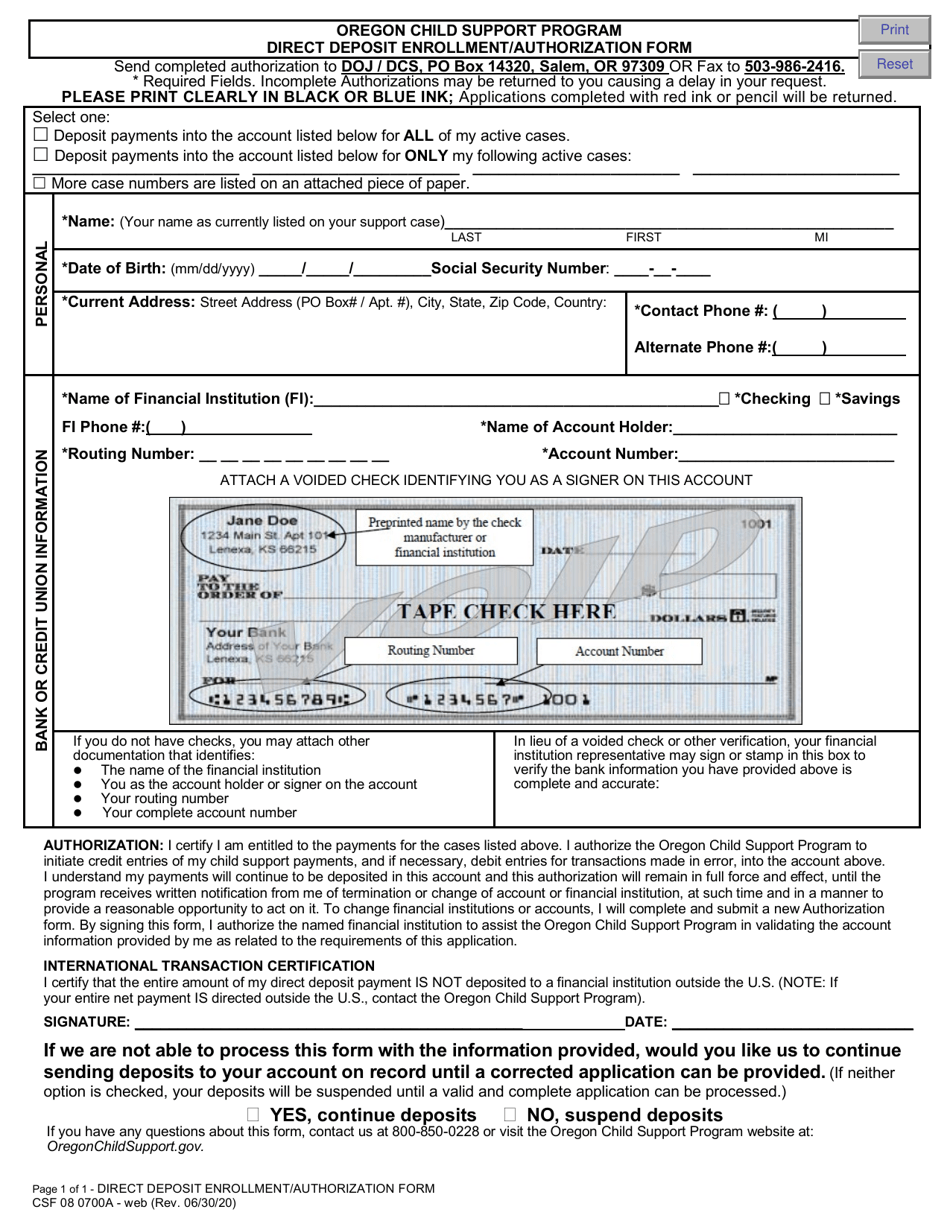Form CSF08 0700A Direct Deposit Enrollment / Authorization Form - Oregon, Page 1
