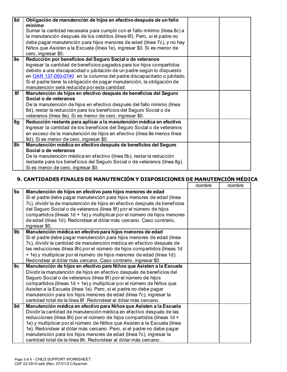 Formulario CSF02 0910 Planilla De Manutencion De Hijos - Oregon (Spanish), Page 5