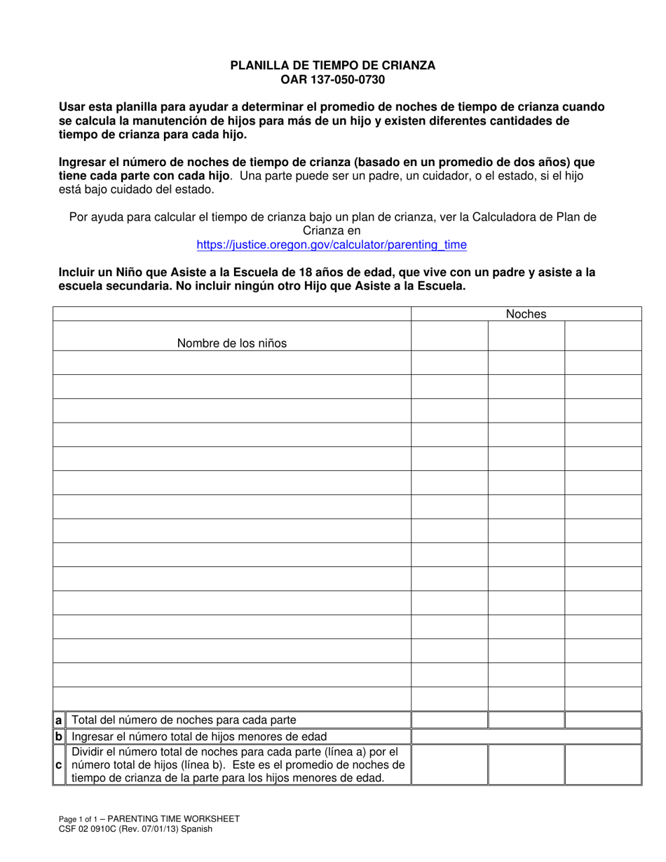 Formulario CSF02 0910C Planilla De Tiempo De Crianza - Oregon (Spanish), Page 1