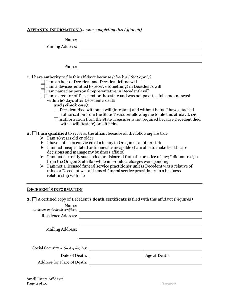 Small Estate Affidavit - Oregon, Page 9