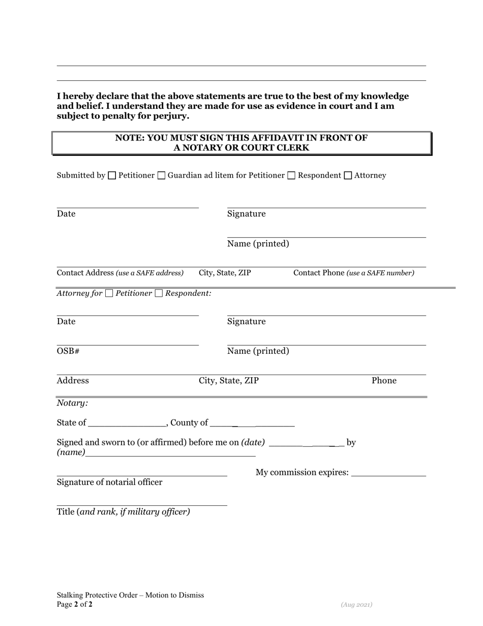 Ex Parte Motion and Affidavit to Terminate Stalking Protective Order - Oregon, Page 2