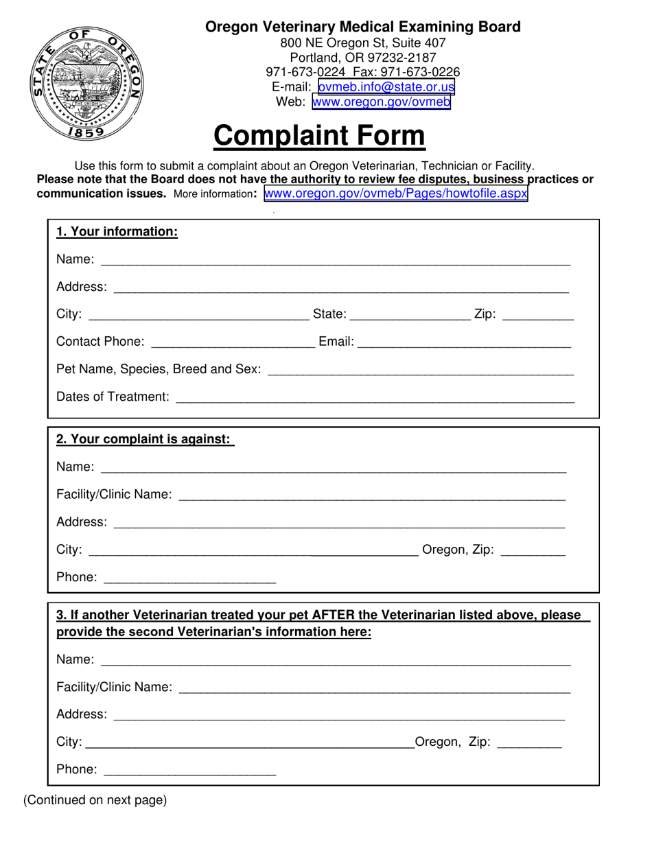 Complaint Form - Oregon, Page 1