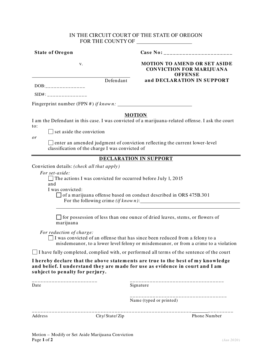 Motion to Amend or Set Aside Conviction for Marijuana Offense and Declaration in Support - Oregon, Page 1