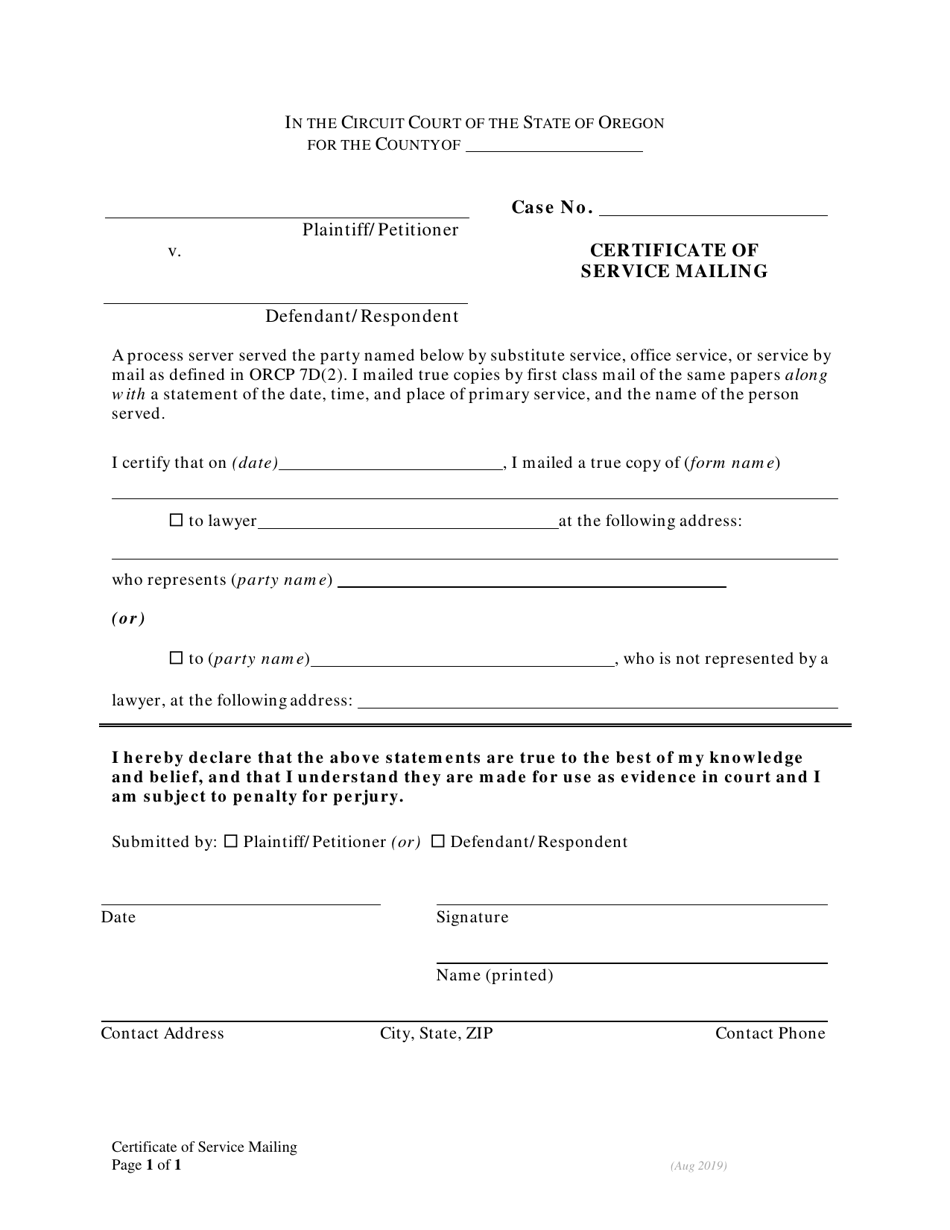 Certificate of Service Mailing - Oregon, Page 1