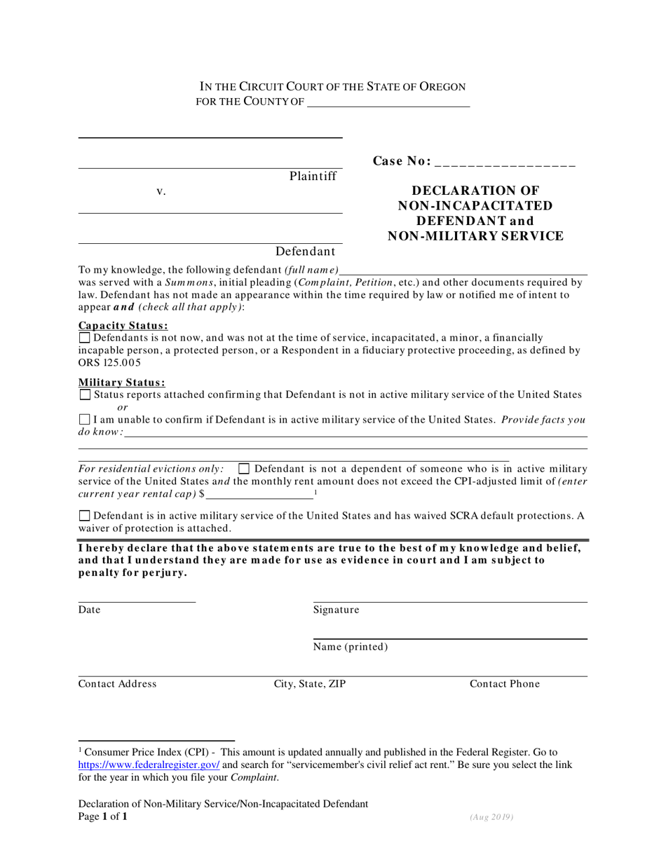 Declaration of Non-incapacitated Defendant and Non-military Service - Oregon, Page 1