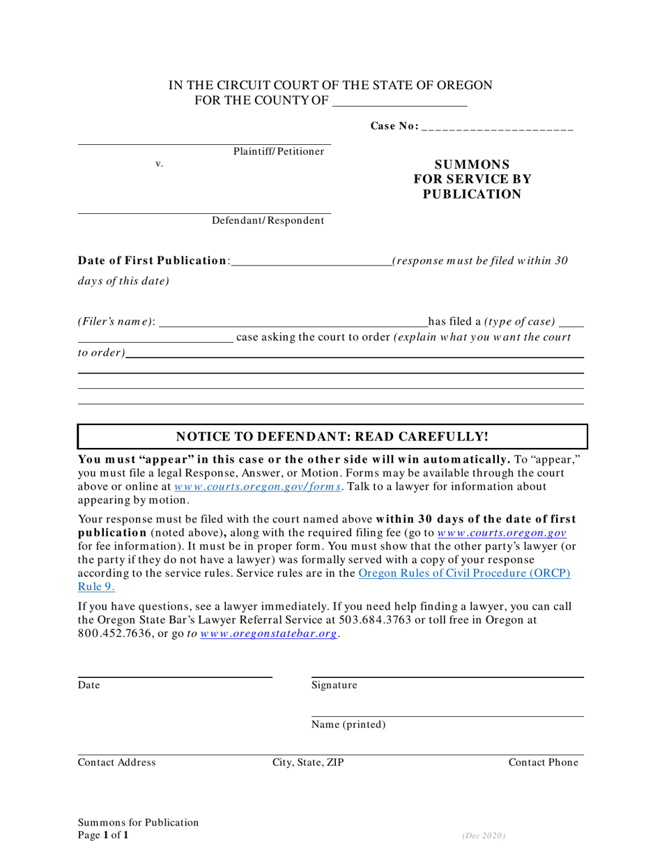 Summons for Service by Publication - Oregon, Page 1