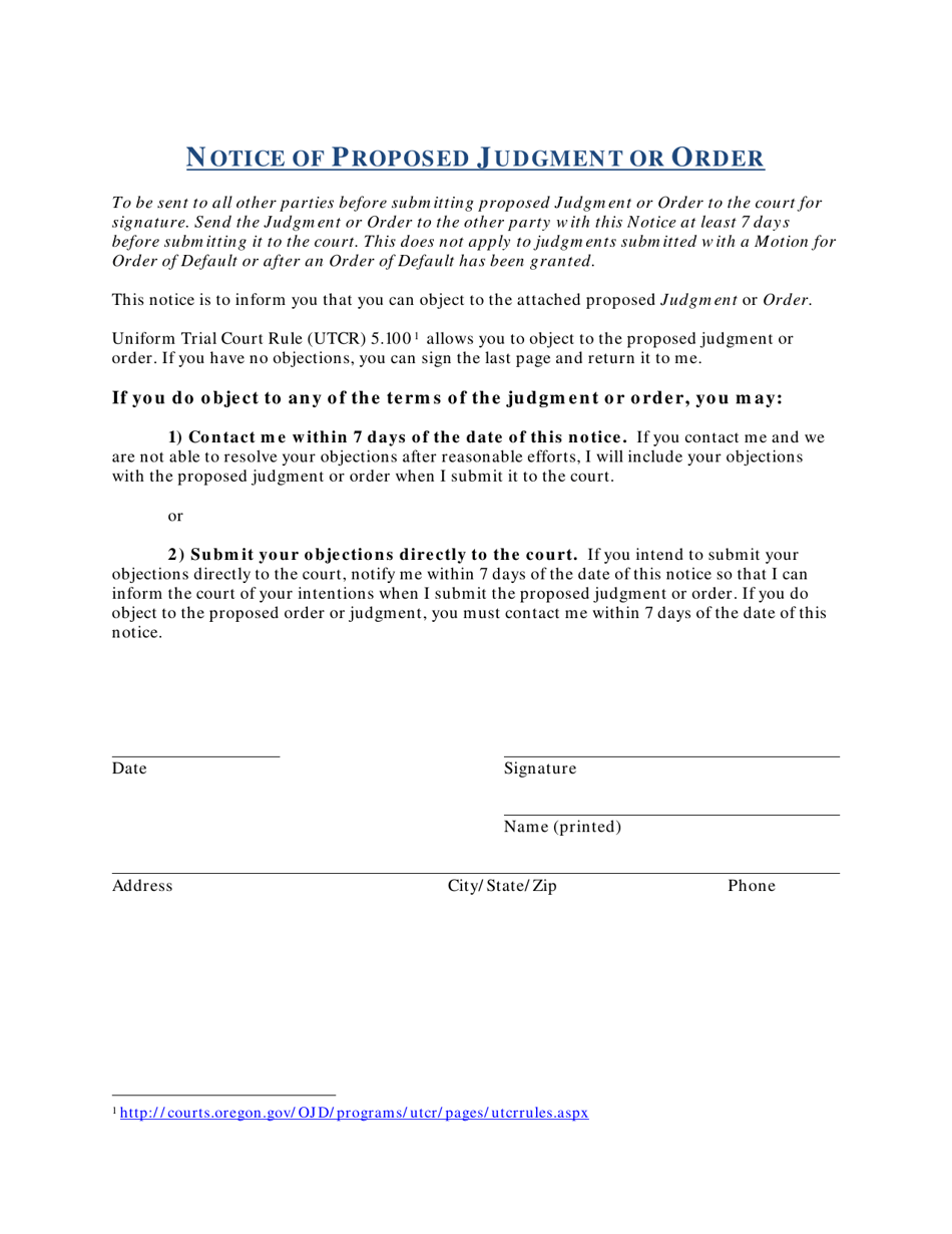 Notice of Proposed Judgment or Order (Utcr 5.100) - Oregon, Page 1