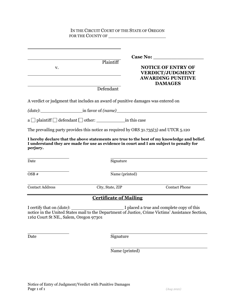 Notice of Entry of Verdict / Judgment Awarding Punitive Damages - Oregon, Page 1