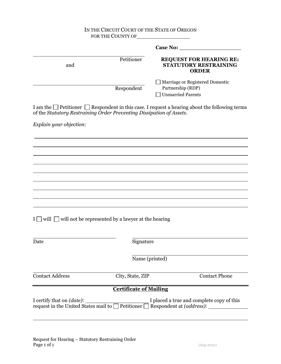 Request for Hearing Re: Statutory Restraining Order - Oregon, Page 1