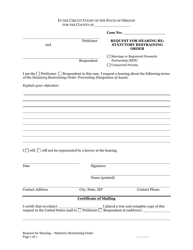 Document preview: Request for Hearing Re: Statutory Restraining Order - Oregon