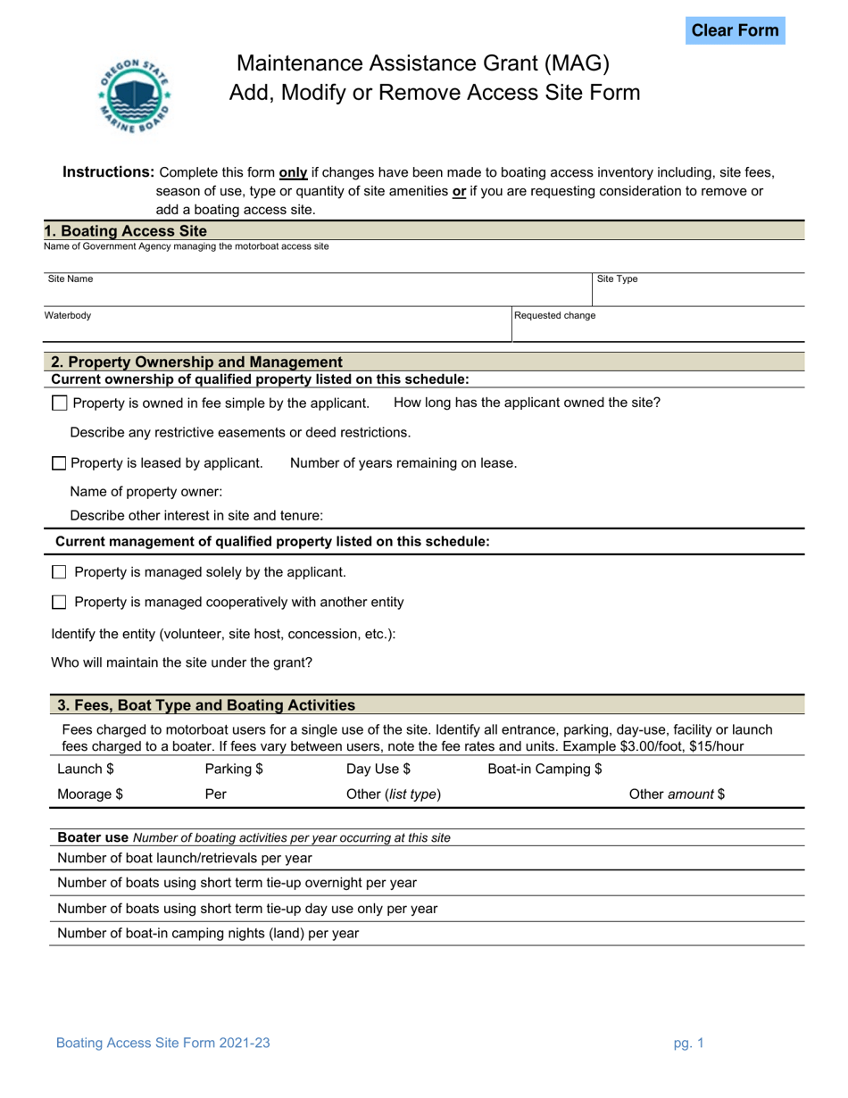 Add, Modify or Remove Access Site Form - Maintenance Assistance Grant (Mag) - Oregon, Page 1