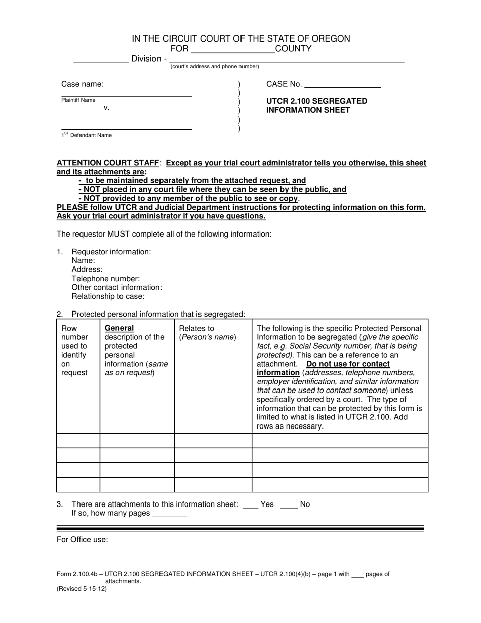 Form 2.100.4B Utcr 2.100 Segregated Information Sheet - Oregon, Page 1