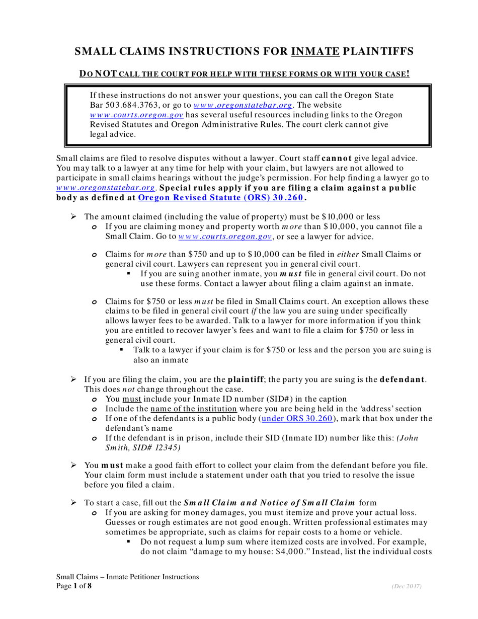 Small Claims Instructions for Inmate Plaintiffs - Oregon, Page 1