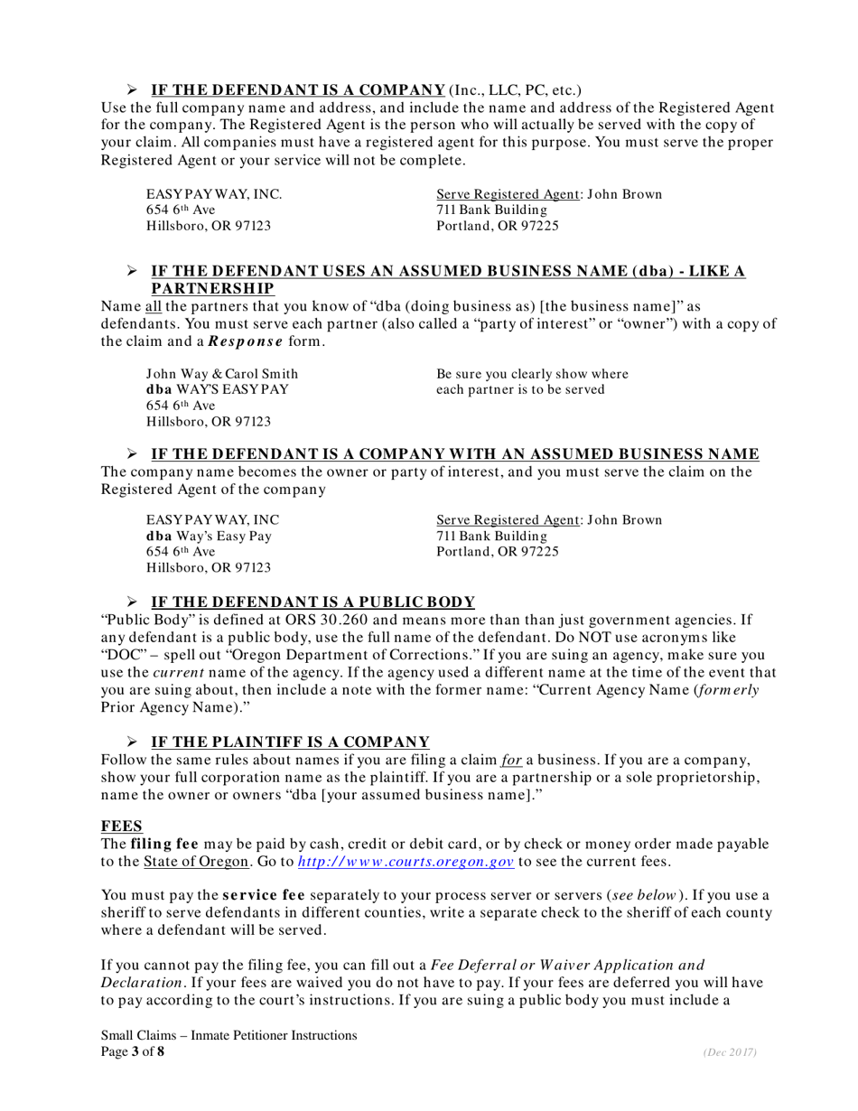 Small Claims Instructions for Inmate Plaintiffs - Oregon, Page 3