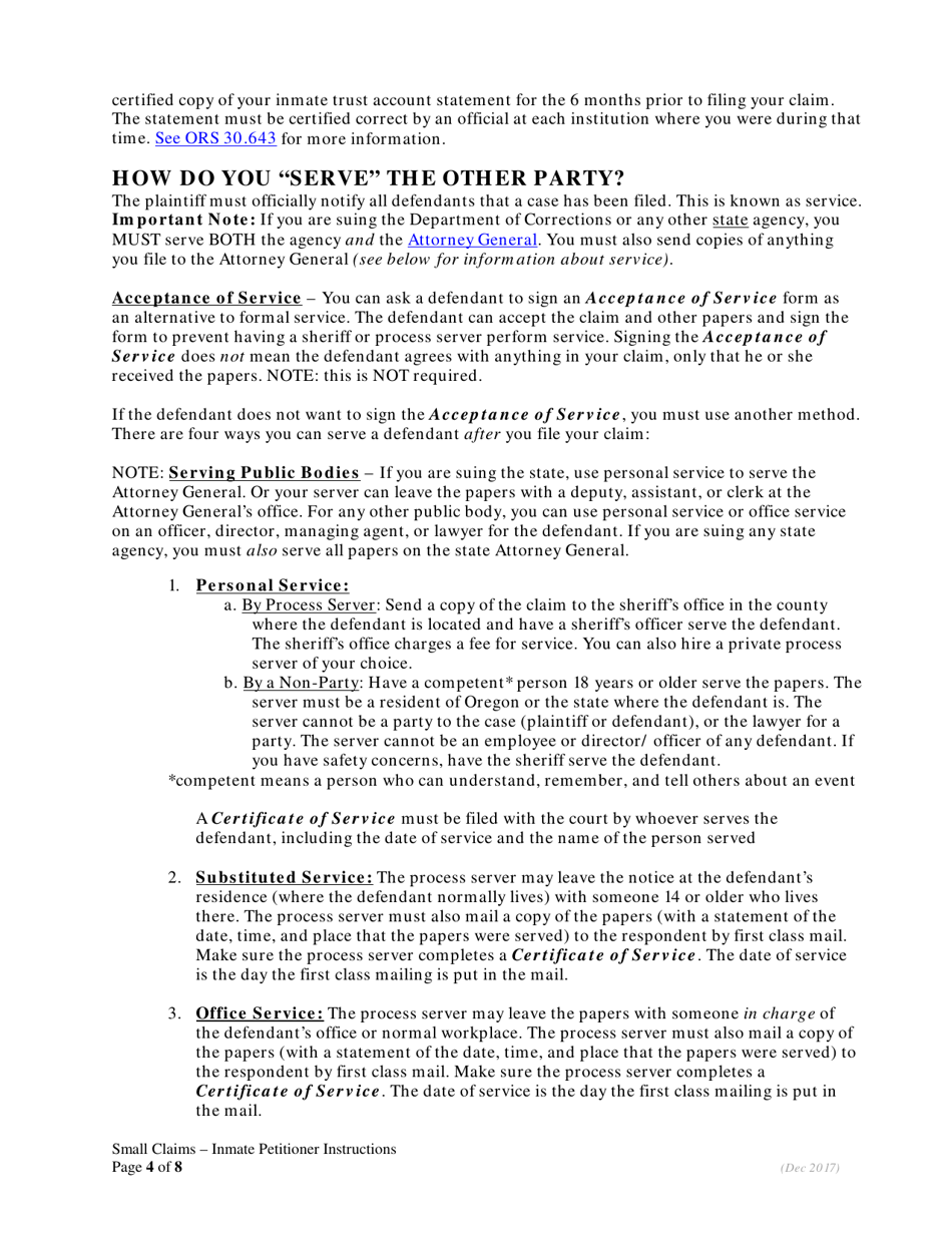 Small Claims Instructions for Inmate Plaintiffs - Oregon, Page 4